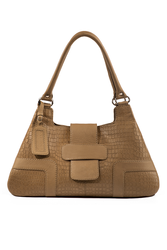 Camel beige women's dress handbag, matching pumps and belts. Worn view - Florence KOOIJMAN